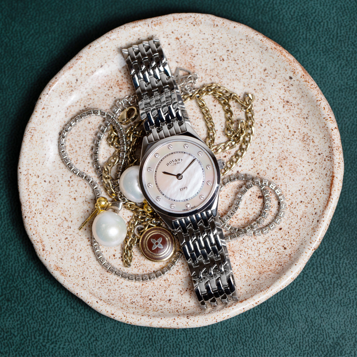 Rotary Ultra Slim Mother of Pearl Dial and White Steel Bracelet Women's Watch | LB08000/02