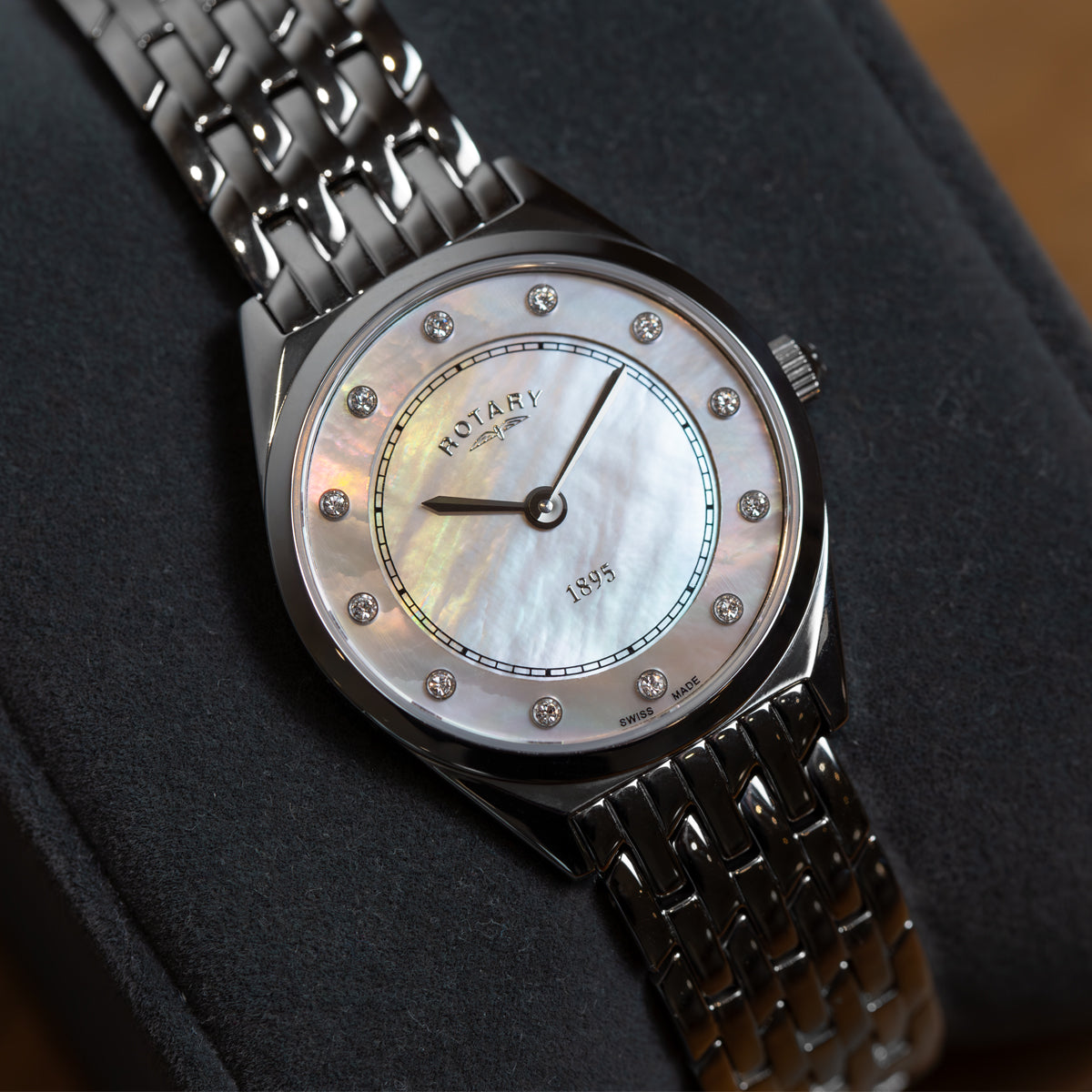 Rotary Ultra Slim Mother of Pearl Dial and White Steel Bracelet Women's Watch | LB08000/02