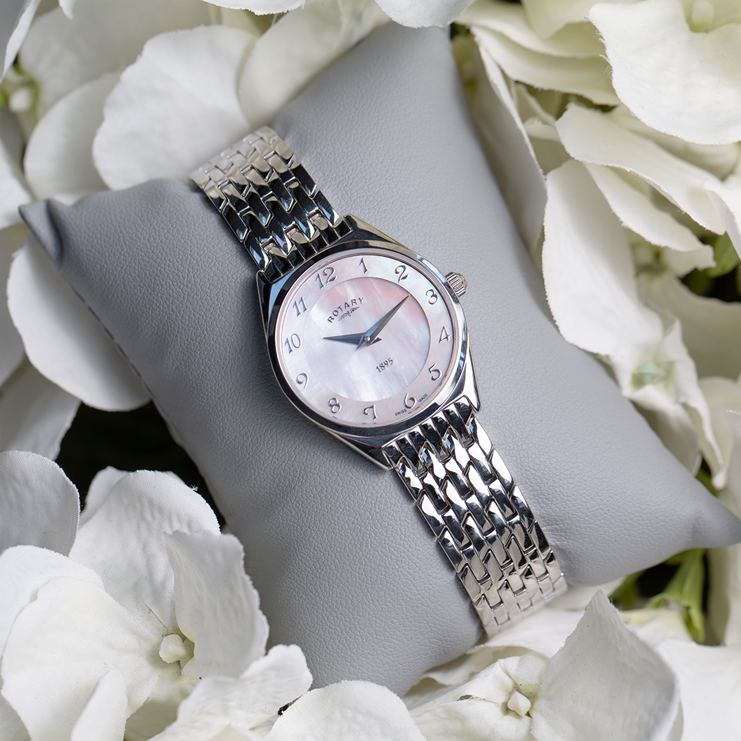 Rotary Ultra Slim Mother of Pearl Dial and White Steel Bracelet 27mm Women's Watch | LB08000/18