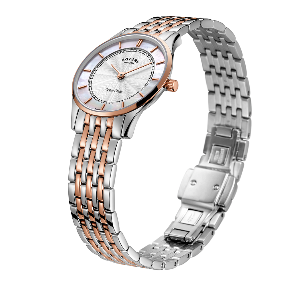 Rotary Ultra Slim Mother of Pearl Dial and Rose Gold Steel Bracelet 27mm Unisex Watch | LB08302/02