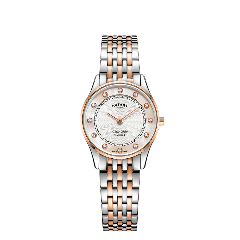 Rotary Ultra Slim Mother of Pearl Dial and Rose Gold Steel Bracelet 27mm Women's Watch | LB08302/07/D