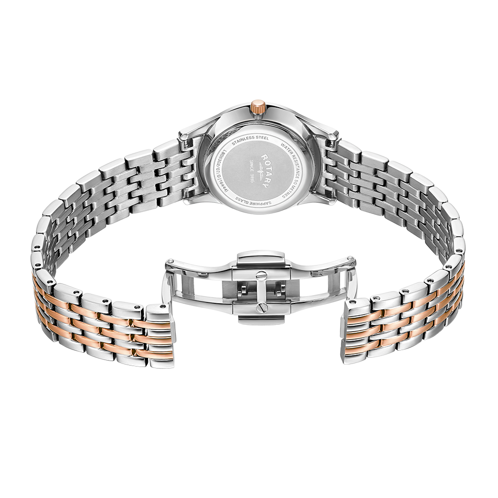 Rotary Ultra Slim Mother of Pearl Dial and Rose Gold Steel Bracelet 27mm Women's Watch | LB08302/07/D