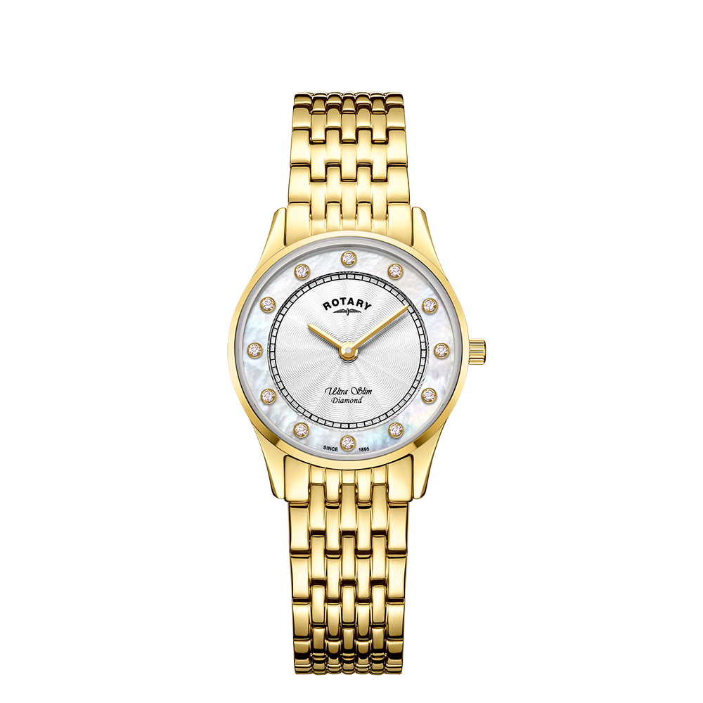 Rotary Ultra Slim Mother of Pearl Dial and White Steel Bracelet 27mm Women's Watch | LB08303/41/D