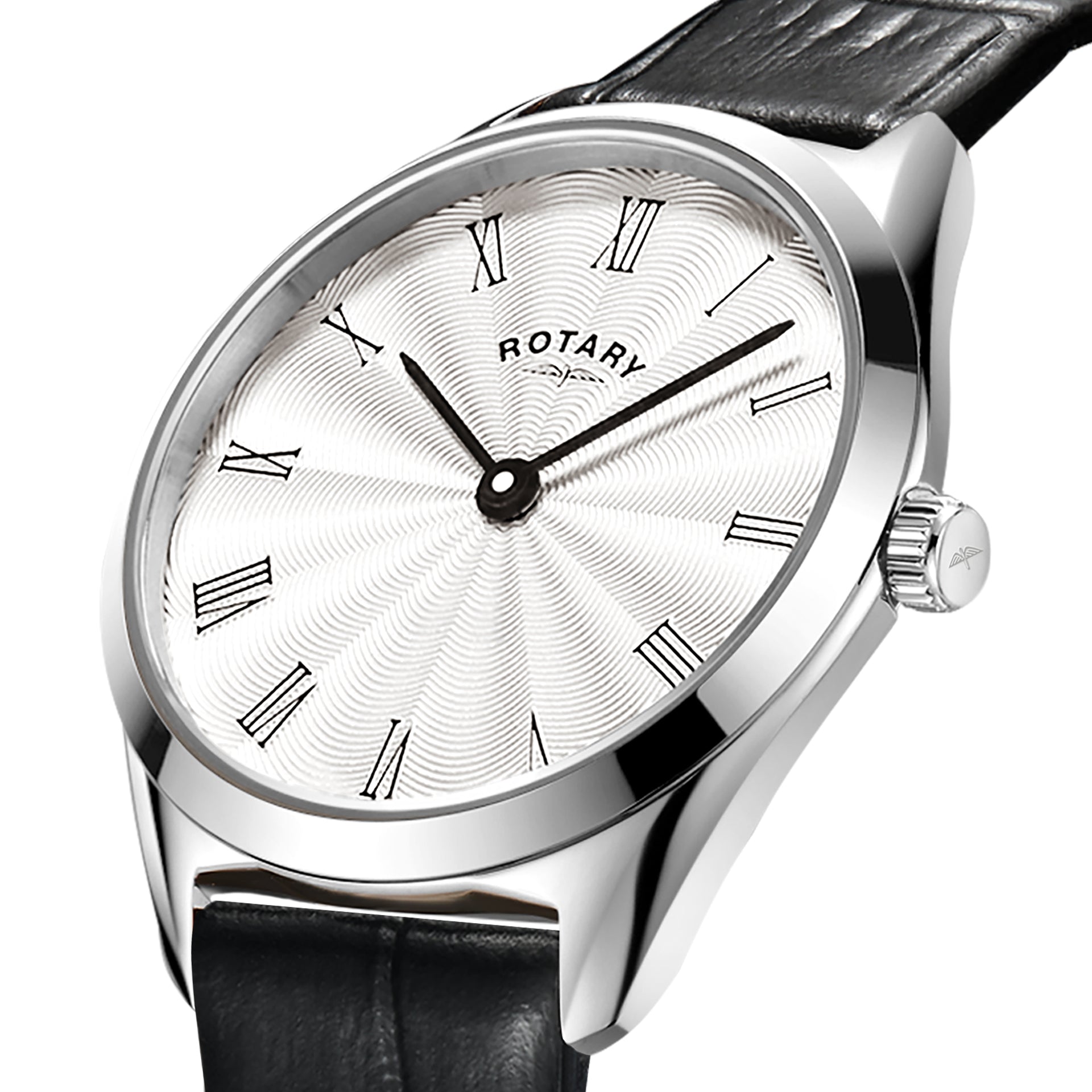 Rotary Ultra Slim Silver Dial and Black Leather 27mm Women's Watch | LS08010/01