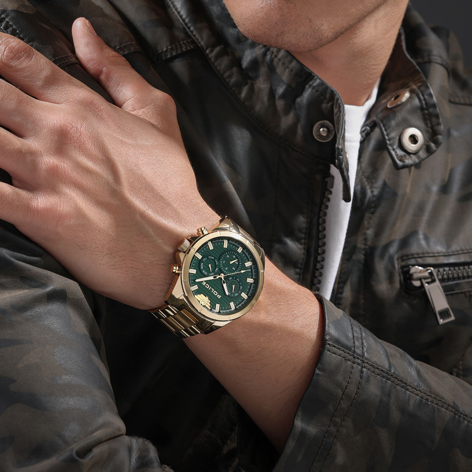 Police Malawi IP Gold Green Dial Gold Stainless Steel Men's Watch | PEWJK2227809