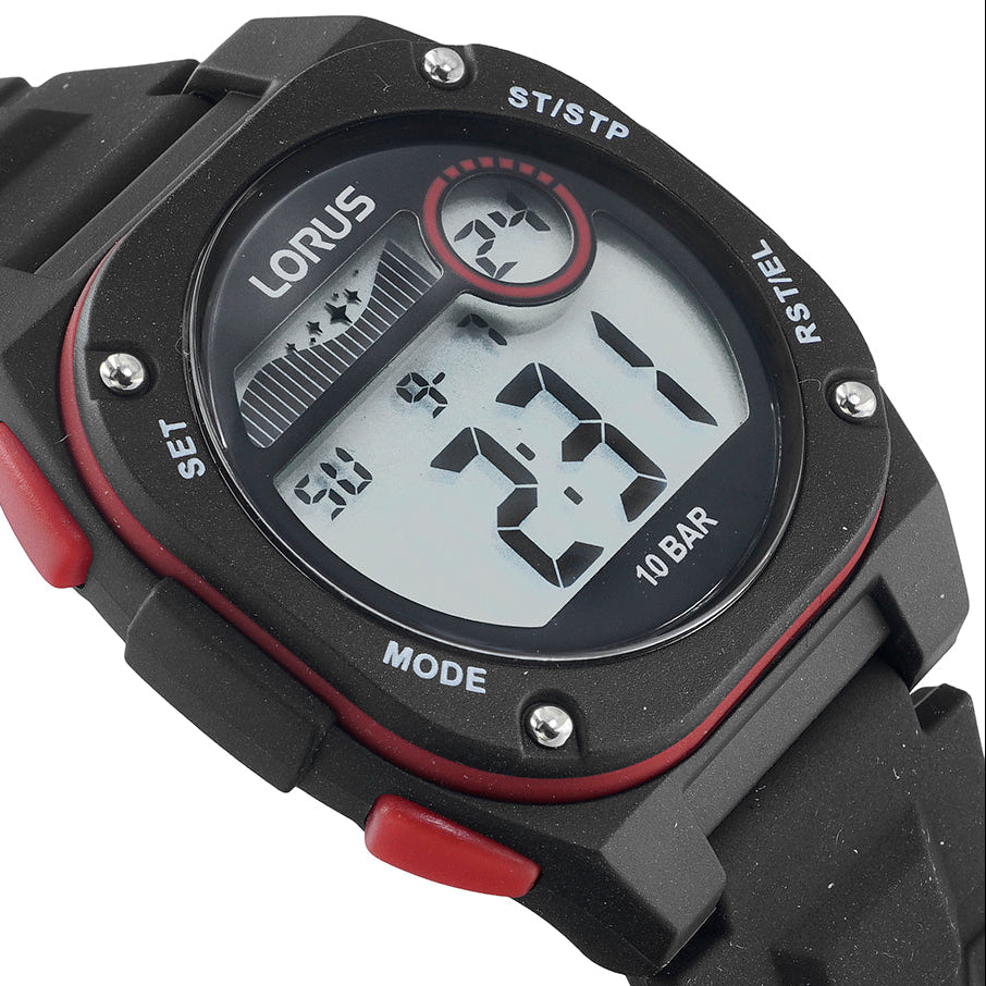 Lorus Black and Red Digital Dial Black Strap Unisex Watch | R2327QX9