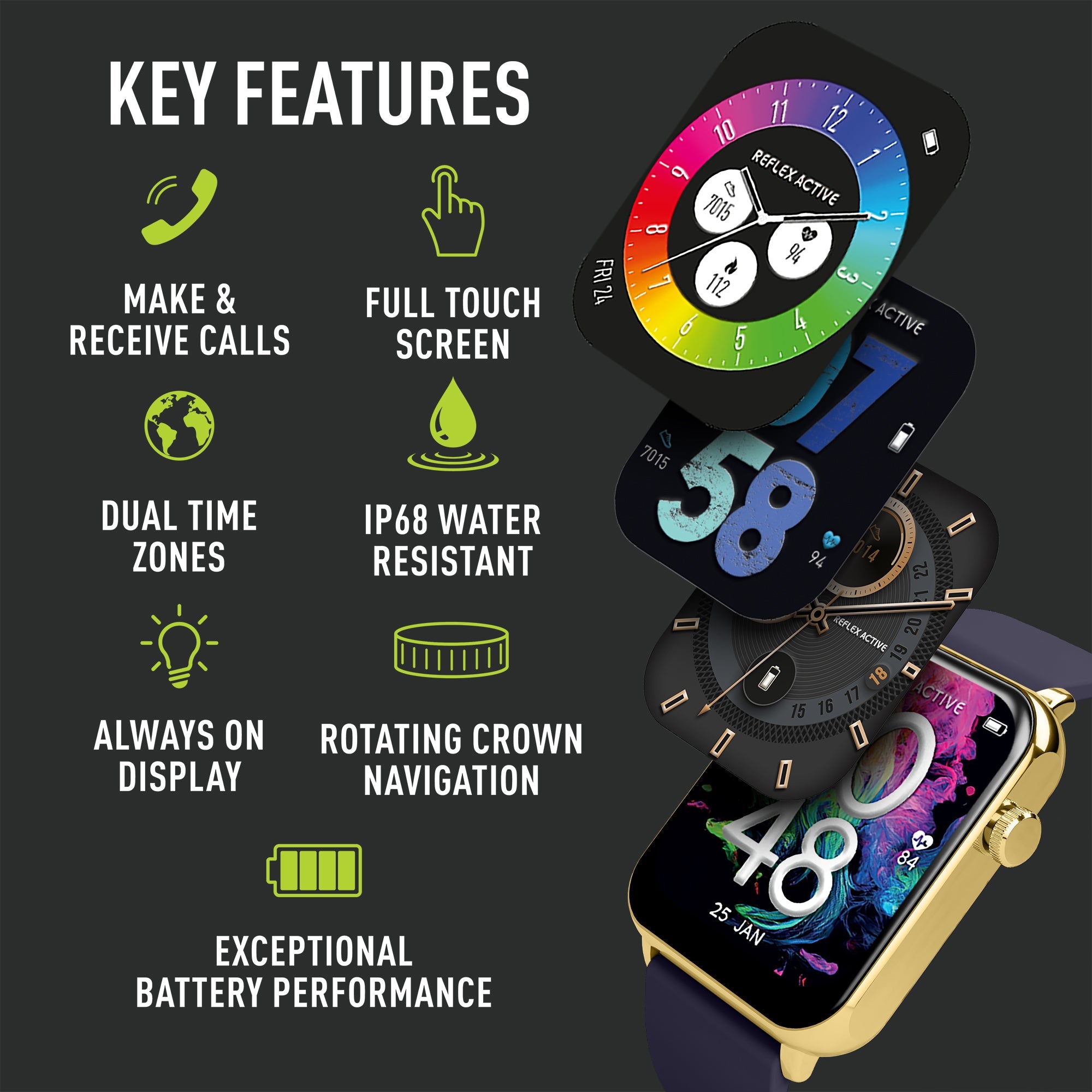 Reflex Active Series 30 Amoled Gold Case & Navy Silicon Strap Men's Smartwatch | RA30-2190