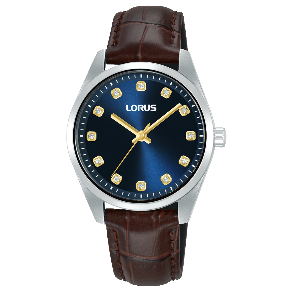 Lorus Blue Dial Stones Gold Hands Brown Leather Women's Watch | RG329XX9