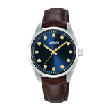 Lorus Blue Dial Stones Gold Hands Brown Leather Women's Watch | RG329XX9