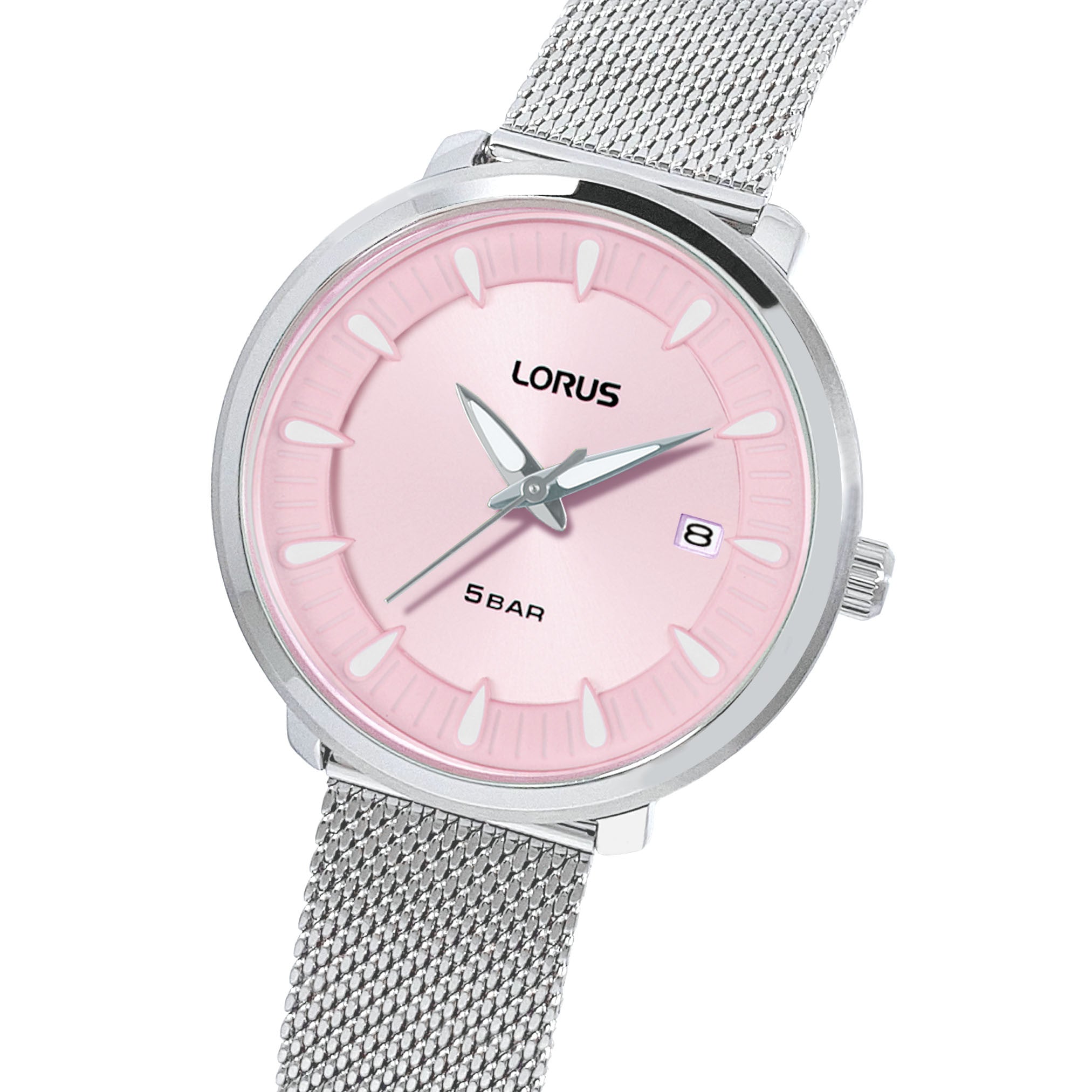 Lorus Pink Dial Calendar Stainless Steel Mesh Women's Watch | RG807DX9