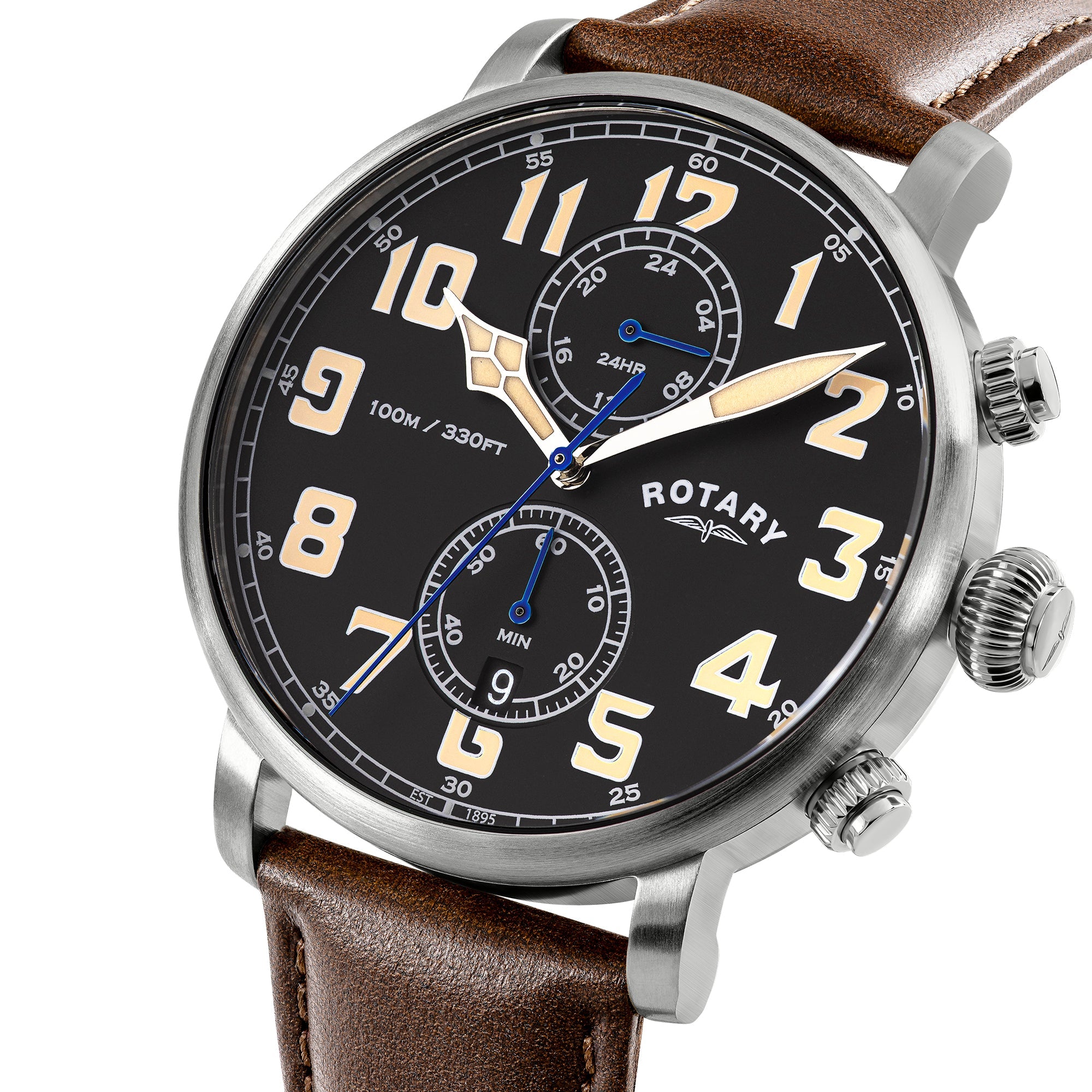 Rotary Apex100 Pilot and Brown Leather 43mm Men's Watch | RGS10000/04