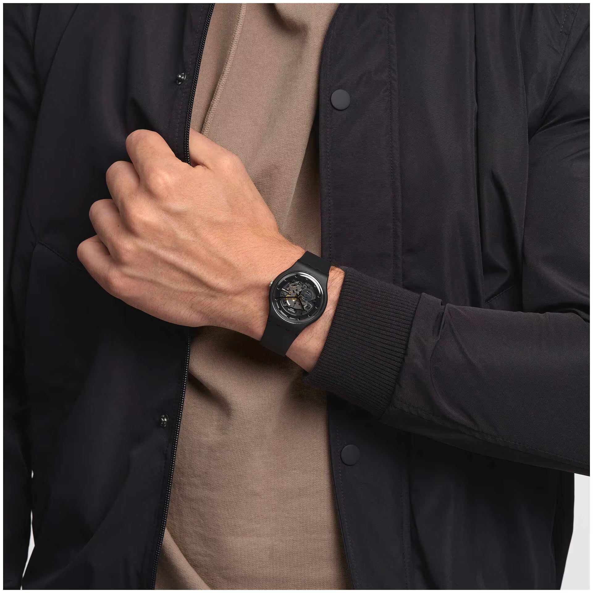 Swatch Sparkling Circle Silver & Black Rubber 41mm Men's Watch | SO29B109