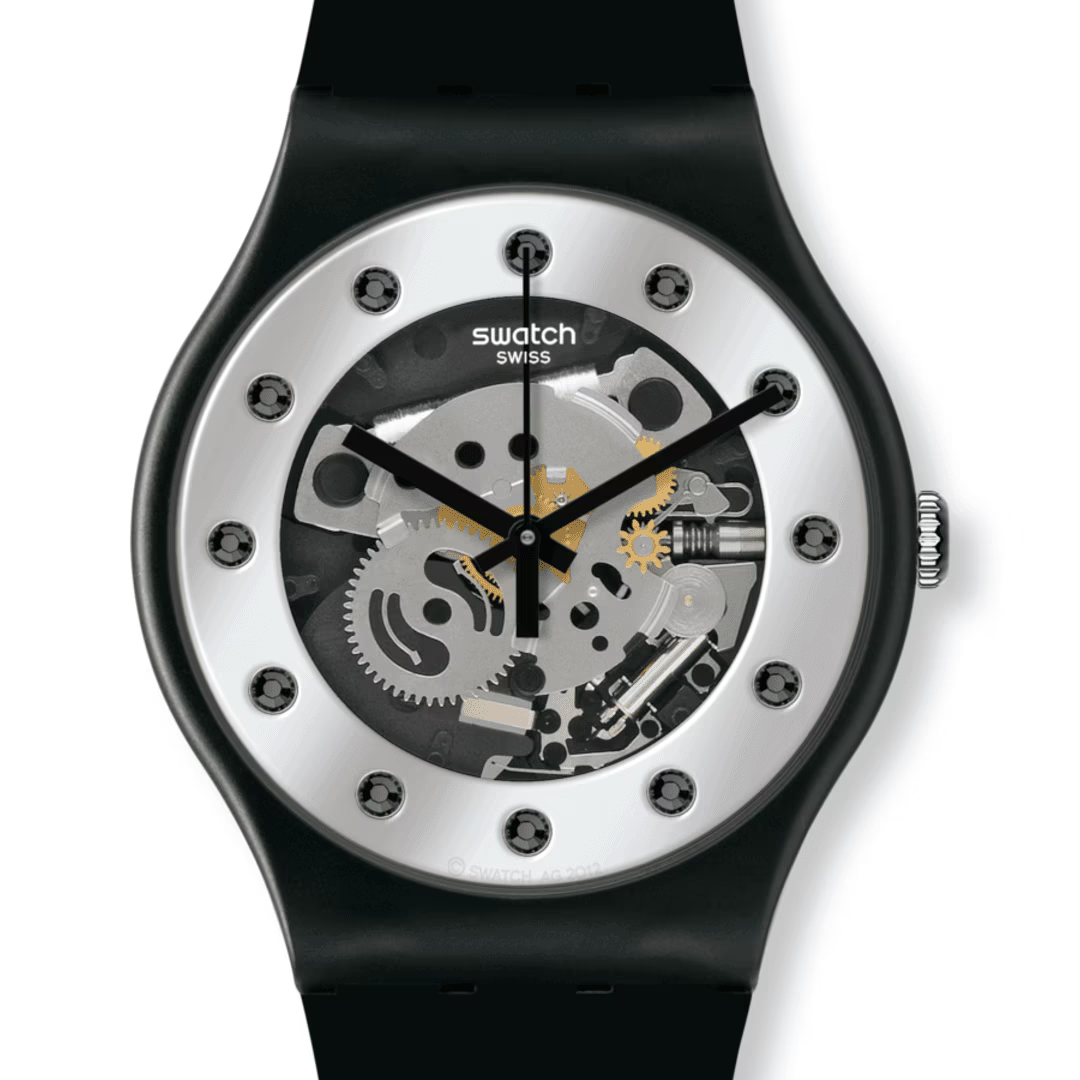 Swatch Silver Glam Black Dial and Black Rubber Strap 41mm Men's Watch | SO29B109