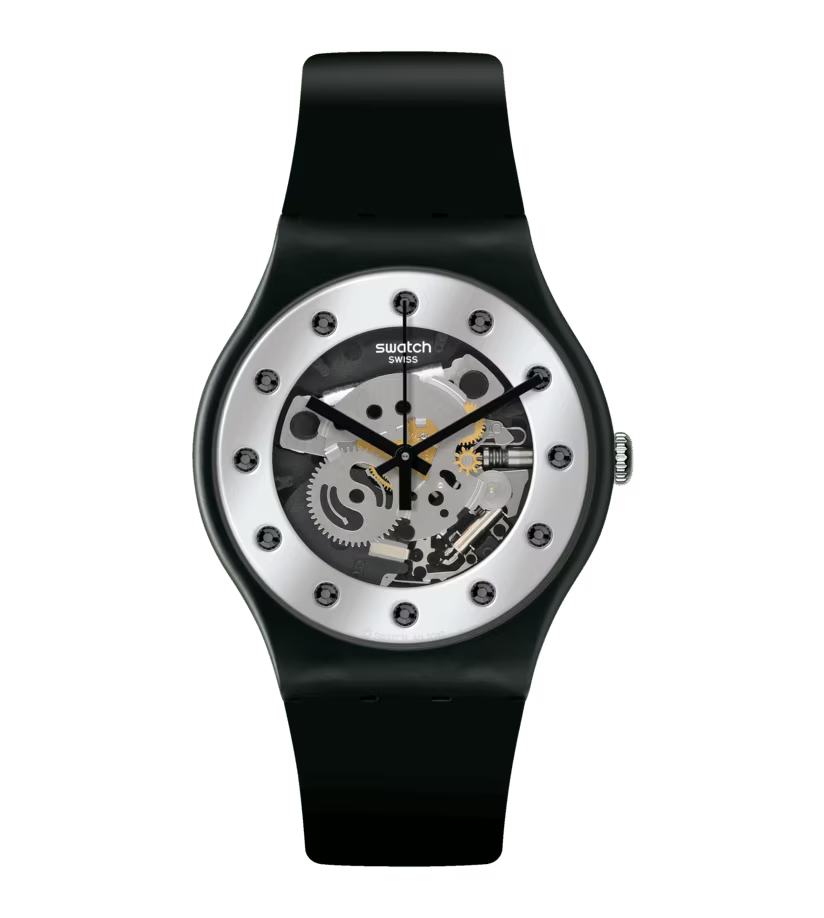 Swatch Sparkling Circle Silver & Black Rubber 41mm Men's Watch | SO29B109