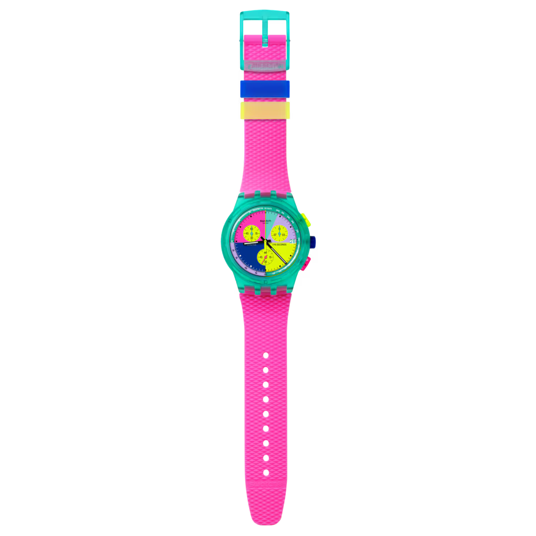 Swatch Neon Flash Chrono Multi-Colour Dial Pink Strap Unisex Watch | SUSG408