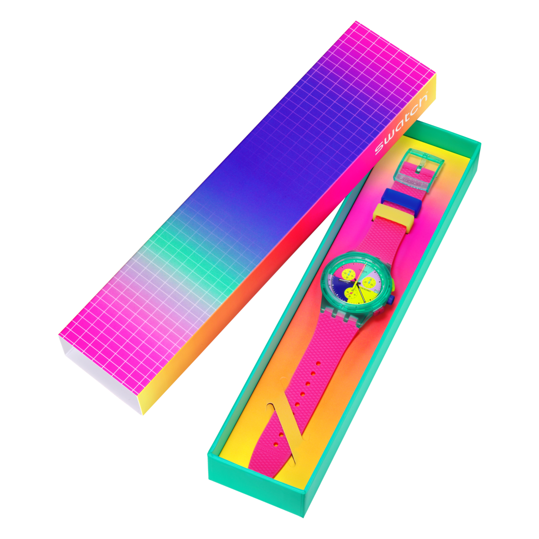 Swatch Neon Flash Chrono Multi-Colour Dial Pink Strap Unisex Watch | SUSG408