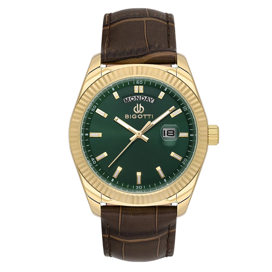 Bigotti Rose Gold Green Dial Calendar Brown Leather Men's Watch | BG.1.10557-3