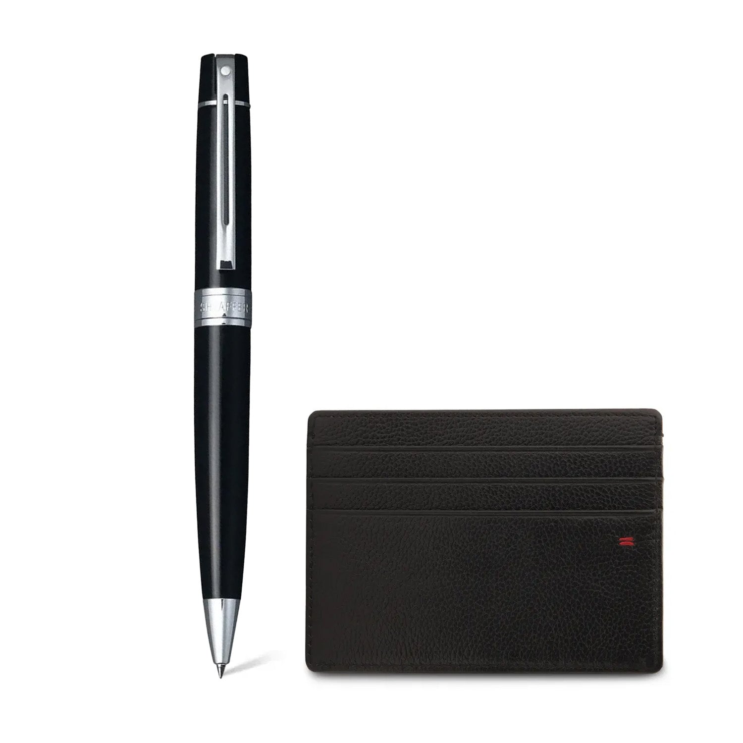 Sheaffer Glossy Black 300 Ballpoint Pen with Chrome Trims and Credit Card Holder Gift Set | G2931251-2