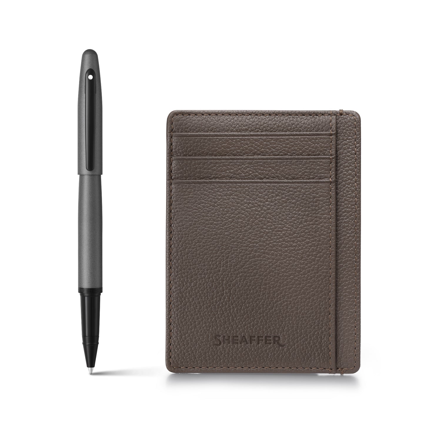 Sheaffer Matte Gray VFM 9424 Rollerball Pen with Black Trims and Driftwood Gray Credit Card Holder Gift Set | G1942451-2