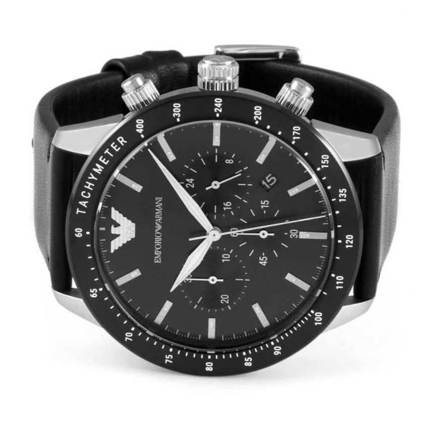 Emporio Armani Mario Black Dial and Black Leather 43mm Men's Watch | AR11243