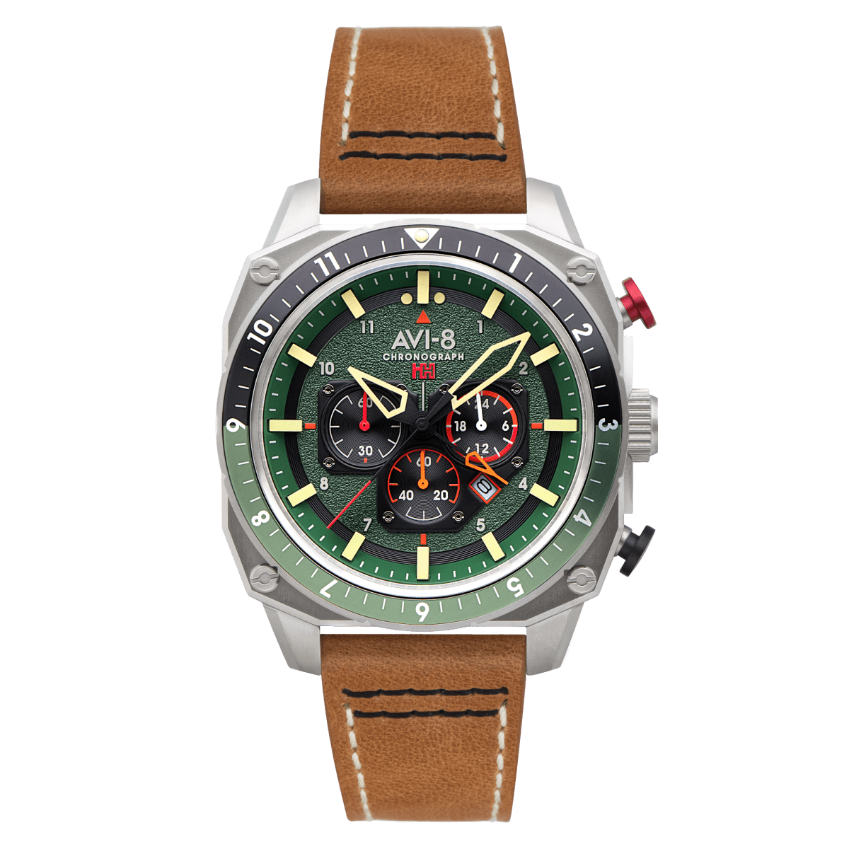 AVI - 8 Hawker Hunter Atlas Dual Time Chronograph Forest Tan Leather Strap Men's Watch | AV - 4100 - 01 | TIME Watches