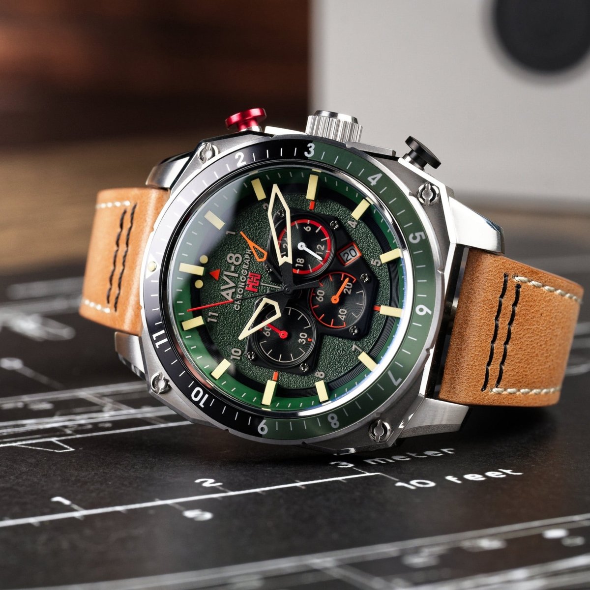 AVI - 8 Hawker Hunter Atlas Dual Time Chronograph Forest Tan Leather Strap Men's Watch | AV - 4100 - 01 | TIME Watches