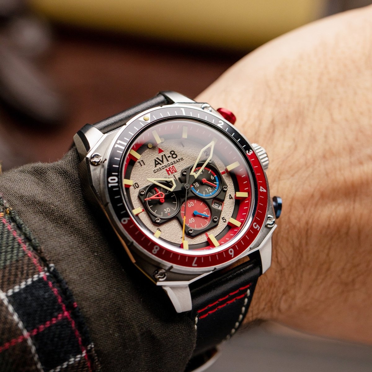 AVI - 8 Hazard Red Black Leather Strap Men's Watch | AV - 4100 - 03 | TIME Watches