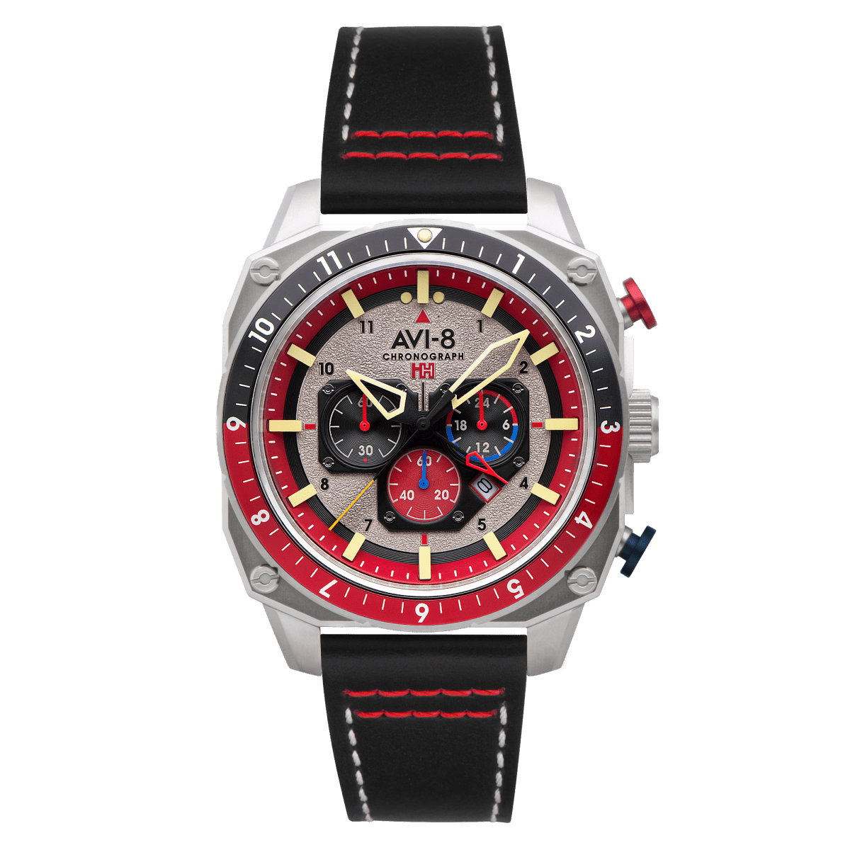AVI - 8 Hazard Red Black Leather Strap Men's Watch | AV - 4100 - 03 | TIME Watches