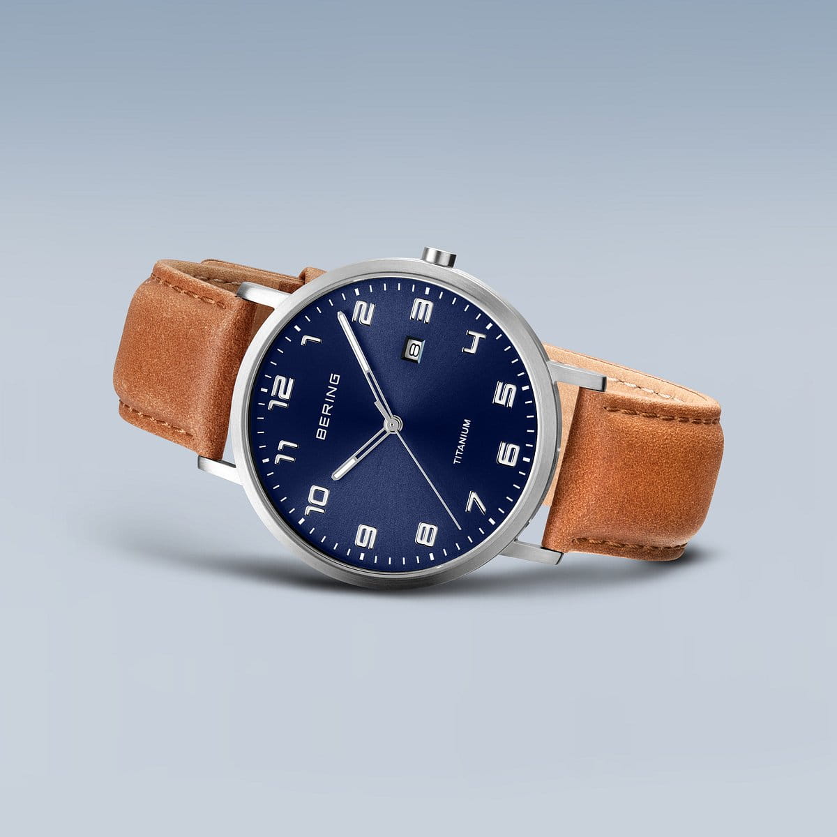 BERING Titanium Blue Dial and Brown Leather Strap 40mm Men's Watch | 18640 - 567 | TIME Watches