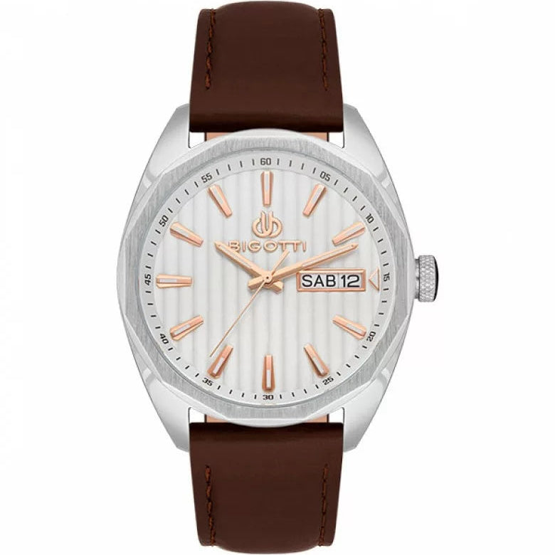 Bigotti Silver Dial Brown Leather Strap Men's Watch | BG.1.10487-2