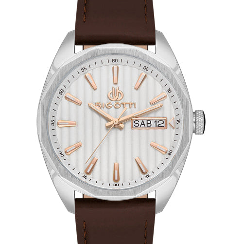 Bigotti Silver Dial Brown Leather Strap Men's Watch | BG.1.10487-2