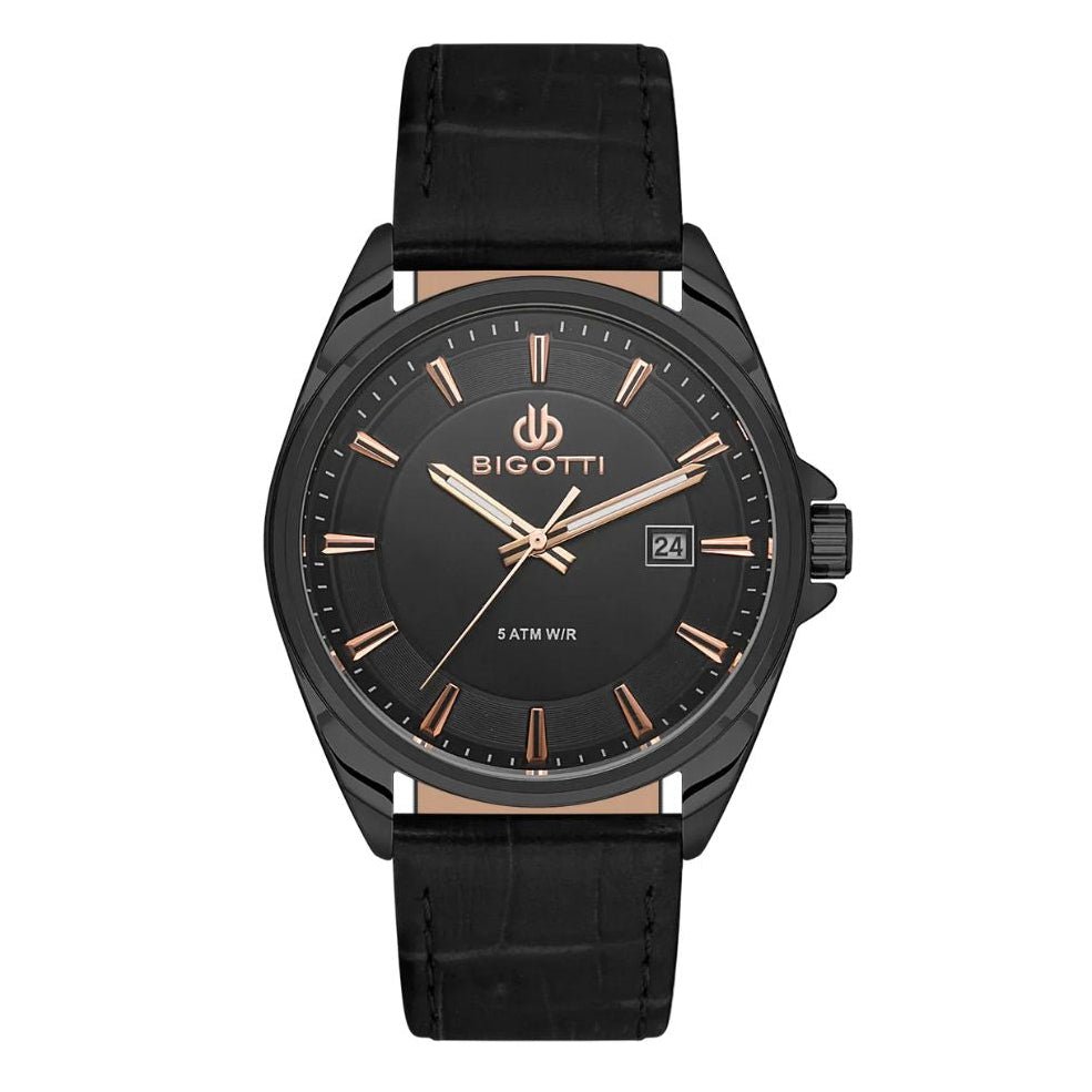Bigotti Black Calendar Rose Gold Dial Leather Men's Watch | BG.1.10486 - 5 | TIME Watches
