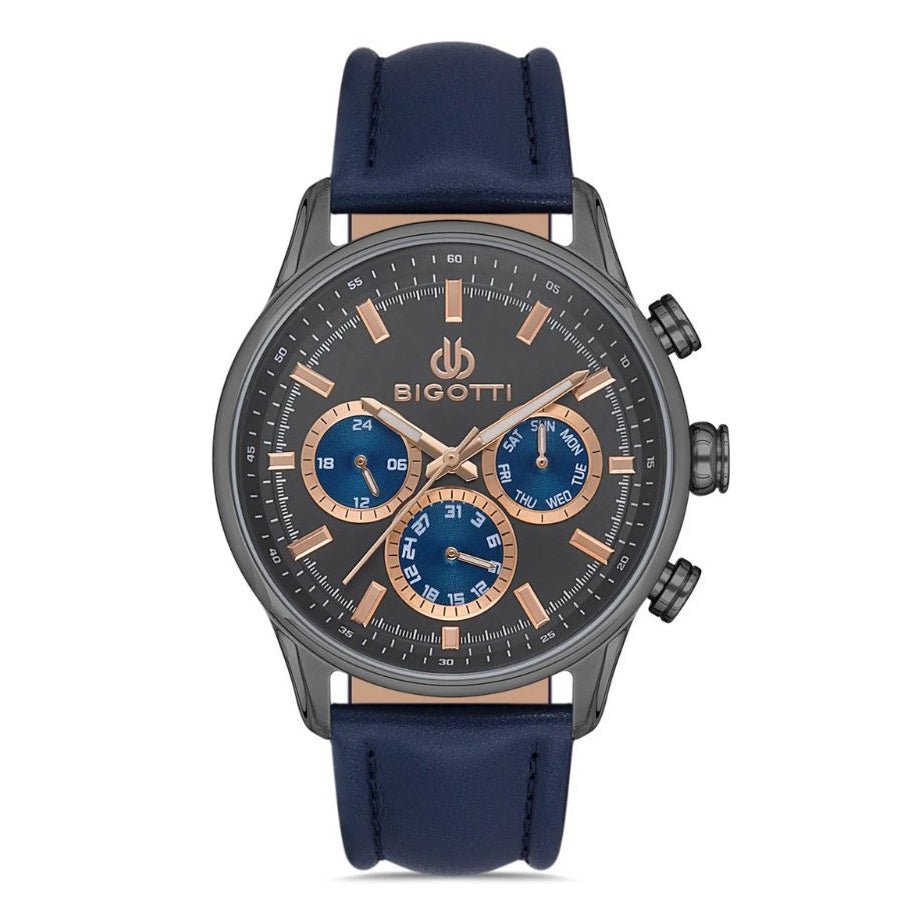 Bigotti Gunmetal Grey Blue Multi - Dial Rose Gold Hands Blue Leather Strap | BG.1.10390 - 6 | TIME Watches