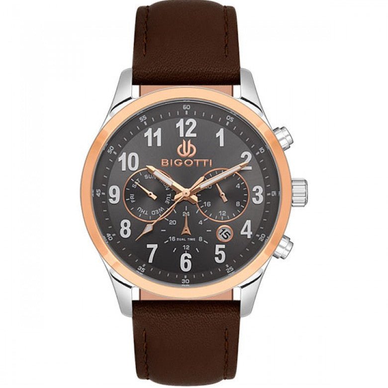 Bigotti Rose Gold Grey Multi - Dial Calendar Brown Leather Men's Watch | BG.1.10507 - 5 | TIME Watches