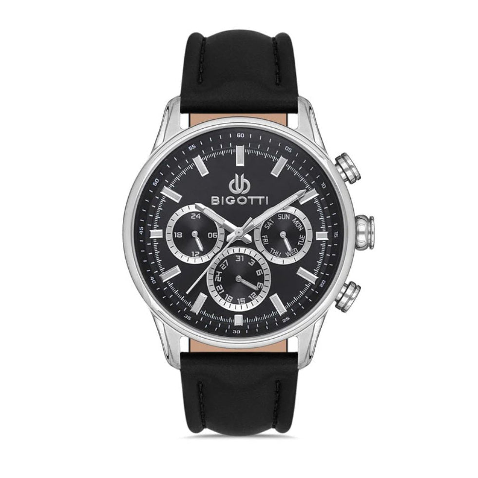 Bigotti Stainless Steel Black Multi - Dial Batons Black Leather Strap Men's Watch | BG.1.10390 - 1 | TIME Watches
