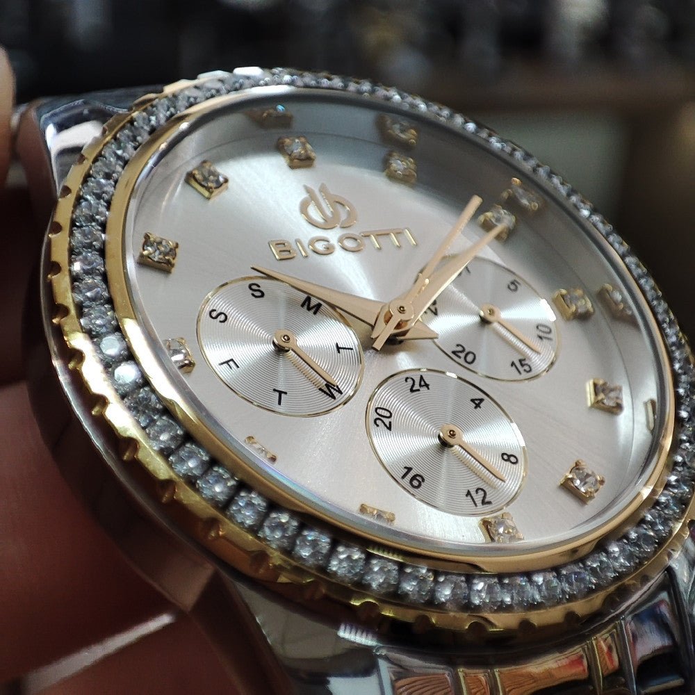 Bigotti Stainless Steel Rose Gold End Silver Multi Dial Rose Gold Stones On Dial Bezel | BG.1.10453 - 4 | TIME Watches