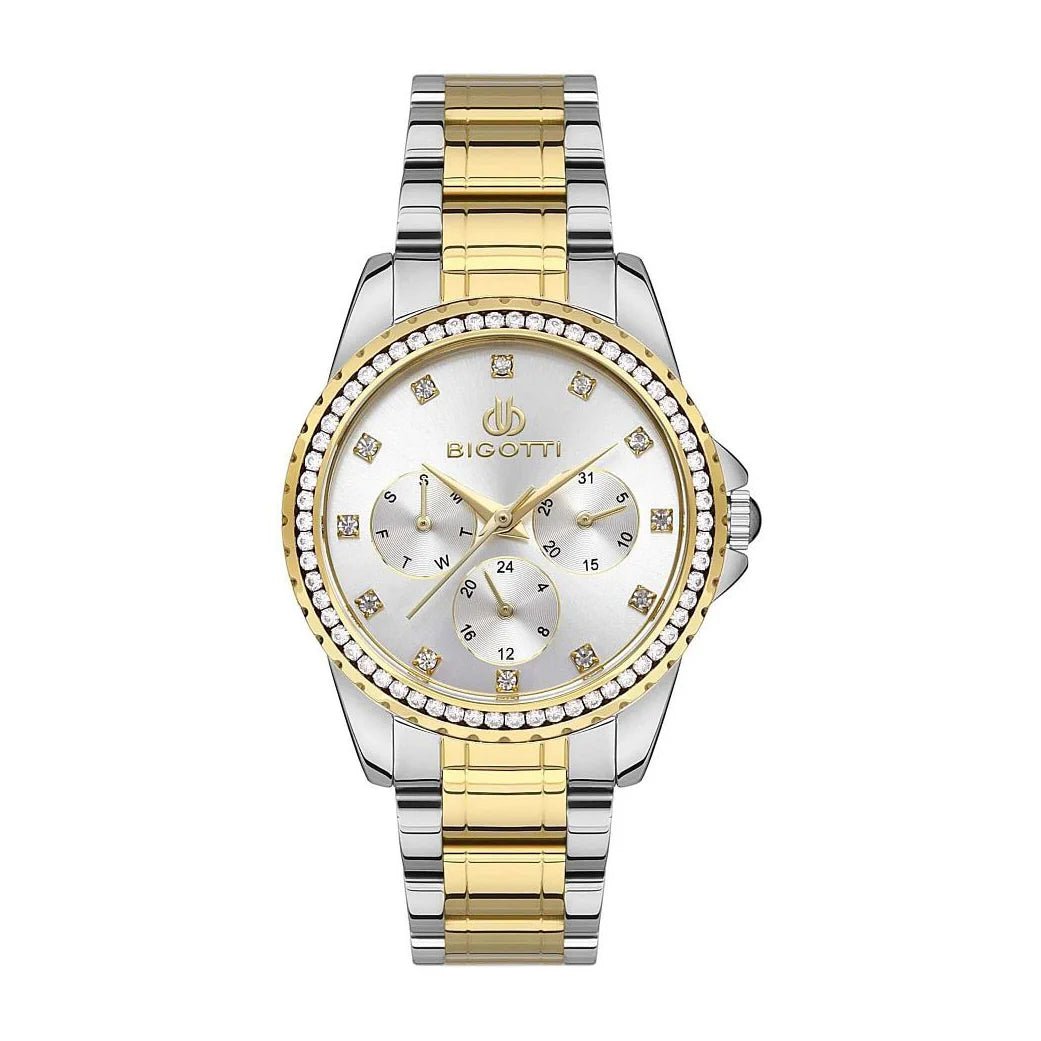 Bigotti Stainless Steel Rose Gold End Silver Multi Dial Rose Gold Stones On Dial Bezel | BG.1.10453 - 4 | TIME Watches