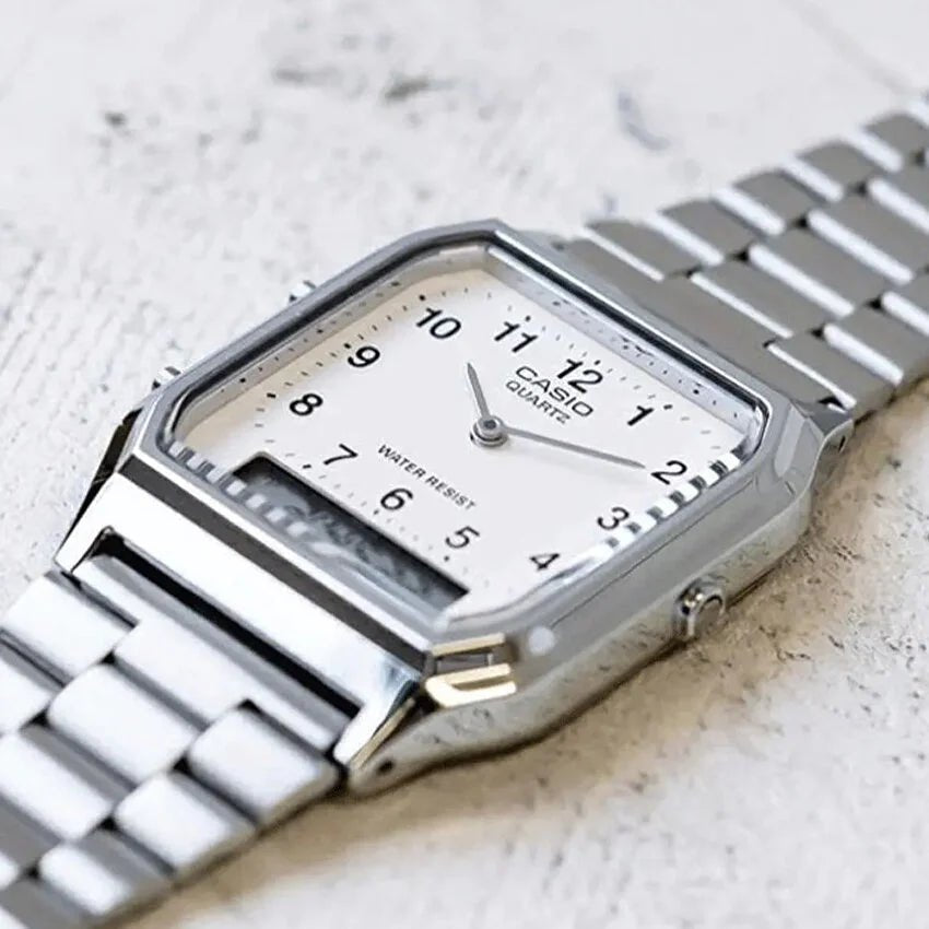 Casio Vintage Stainless Steel Silver Retro Dual Time Men's Watch | AQ - 230A - 7AMQY | TIME Watches