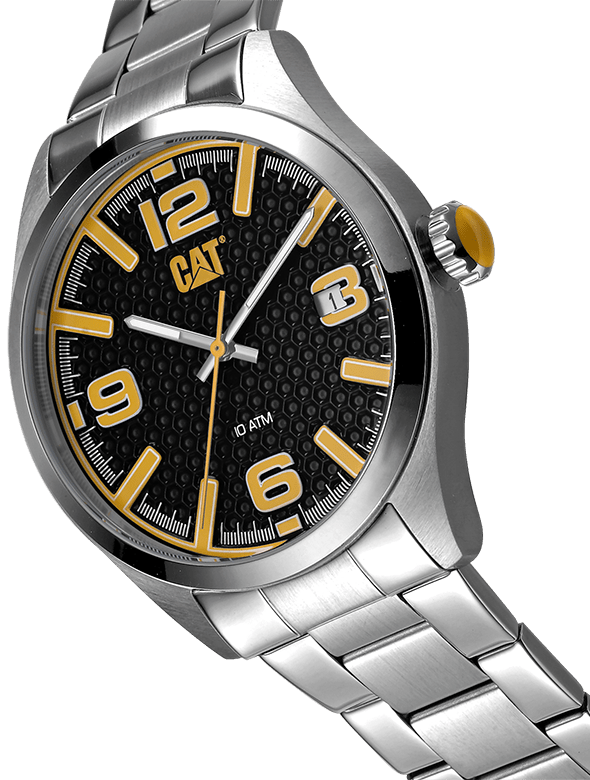 CAT H - Dial Black Lumi Calendar Yellow Batons Stainless Steel Men's Watch | QA.141.11.137 | TIME Watches
