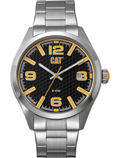CAT H - Dial Black Lumi Calendar Yellow Batons Stainless Steel Men's Watch | QA.141.11.137 | TIME Watches