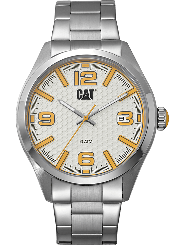 CAT SS White Dial Calendar Lumi Hands Yellow Num Batons Stainless Steel Men's Watch | QA.141.11.237 | TIME Watches