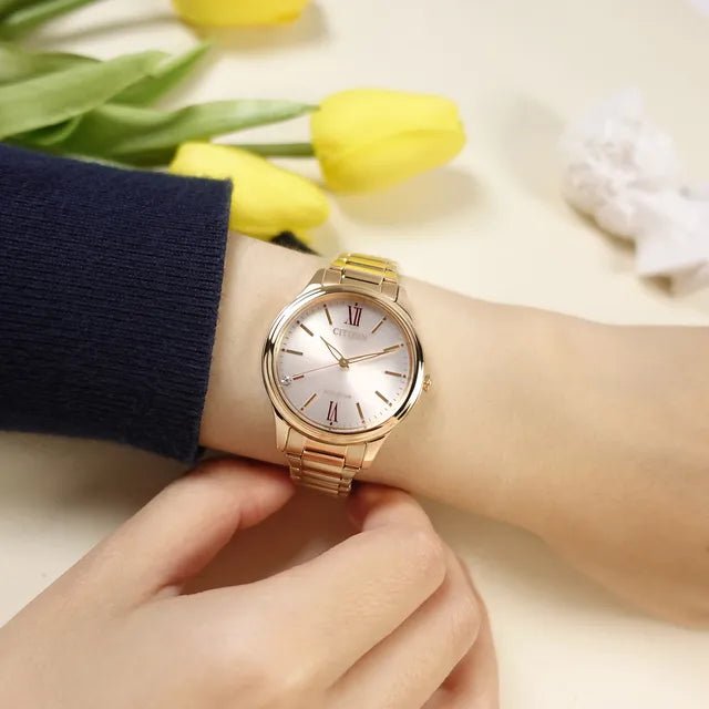 Citizen Eco - Drive Champagne Rose Gold Stainless Steel Women's Watch | EM0418 - 81X | TIME Watches