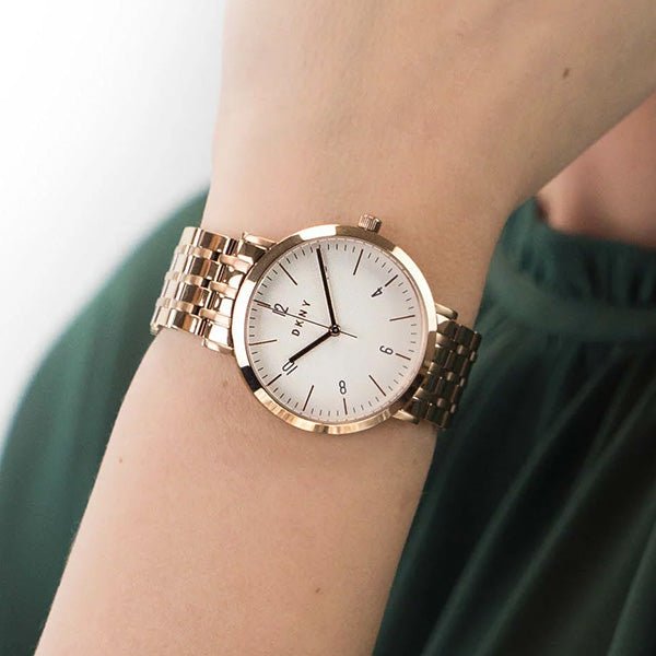 DKNY Minetta Rose Gold Dial and Rose Gold Steel Bracelet 28mm Women's Watch | NY2504 | TIME Watches