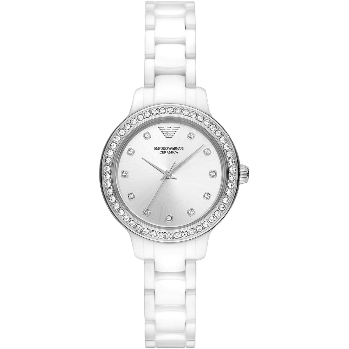 Emporio Armani Cayde Silver Sunray Dial and White Ceramic Bracelet 32mm Women's Watch | AR70013 | TIME Watches