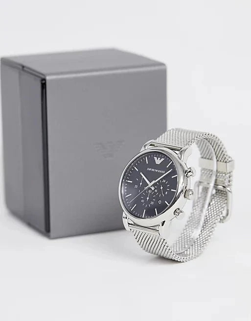 Emporio Armani Chronograph Black Dial and Silver Steel Bracelet Mesh 44mm Men's Watch | AR1808