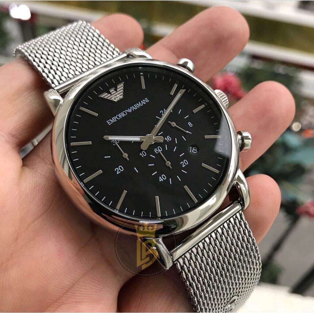 Emporio Armani Chronograph Black Dial and Silver Steel Bracelet Mesh 44mm Men's Watch | AR1808