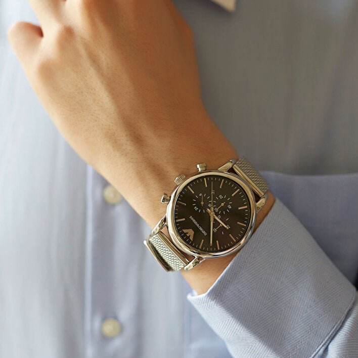 Emporio Armani Chronograph Black Dial and Silver Steel Bracelet Mesh 44mm Men's Watch | AR1808