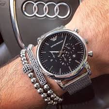Emporio Armani Chronograph Black Dial and Silver Steel Bracelet Mesh 44mm Men's Watch | AR1808