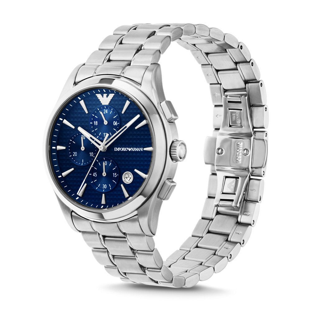 Emporio Armani Chronograph Silver-Tone Dial and Black Stainless Steel 43mm Men's Watch | AR11528