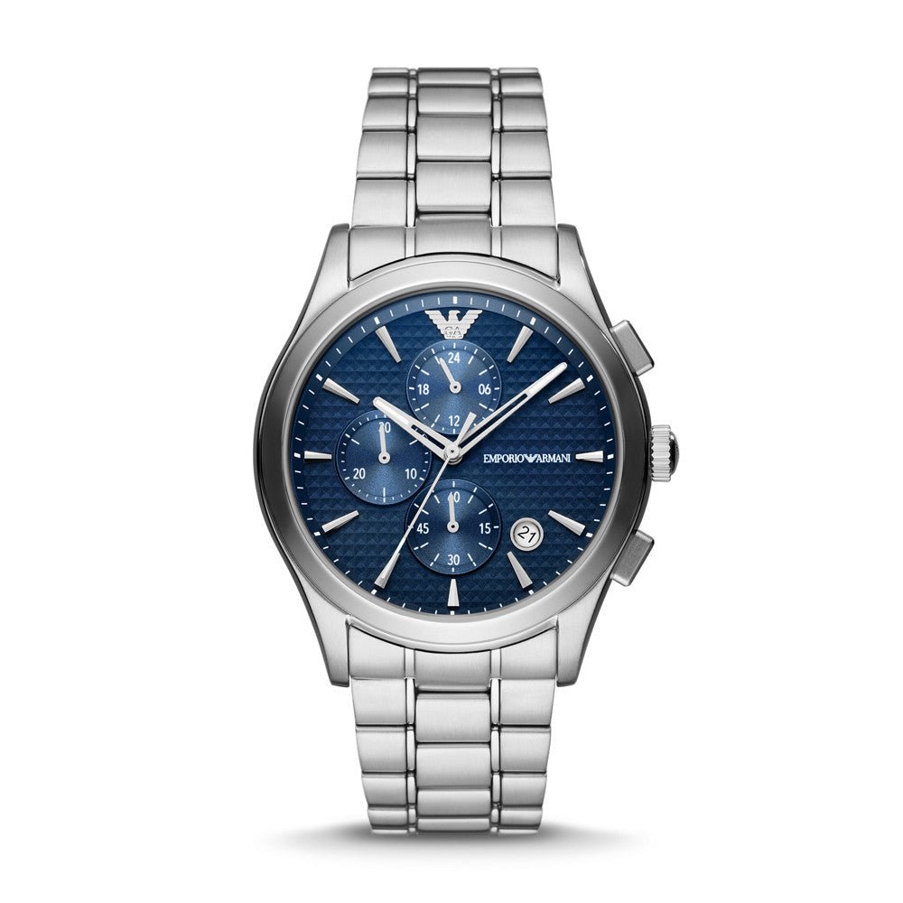 Emporio Armani Chronograph Silver-Tone Dial and Black Stainless Steel 43mm Men's Watch | AR11528